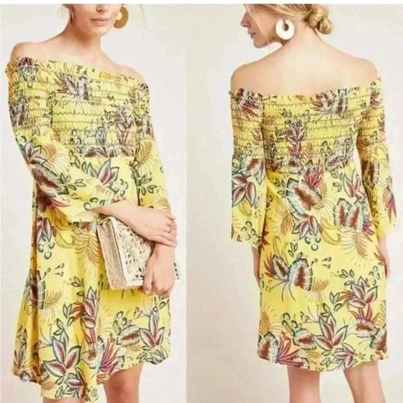 - - Anthropologie Farm Rio Dress, Yellow With Tropical Print. Size Small, … - Picture 8 of 8